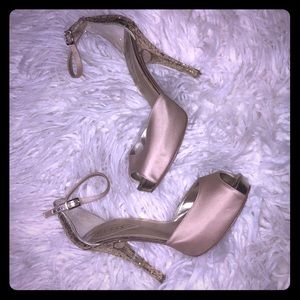 GUESS satin peep toe with glitter heels